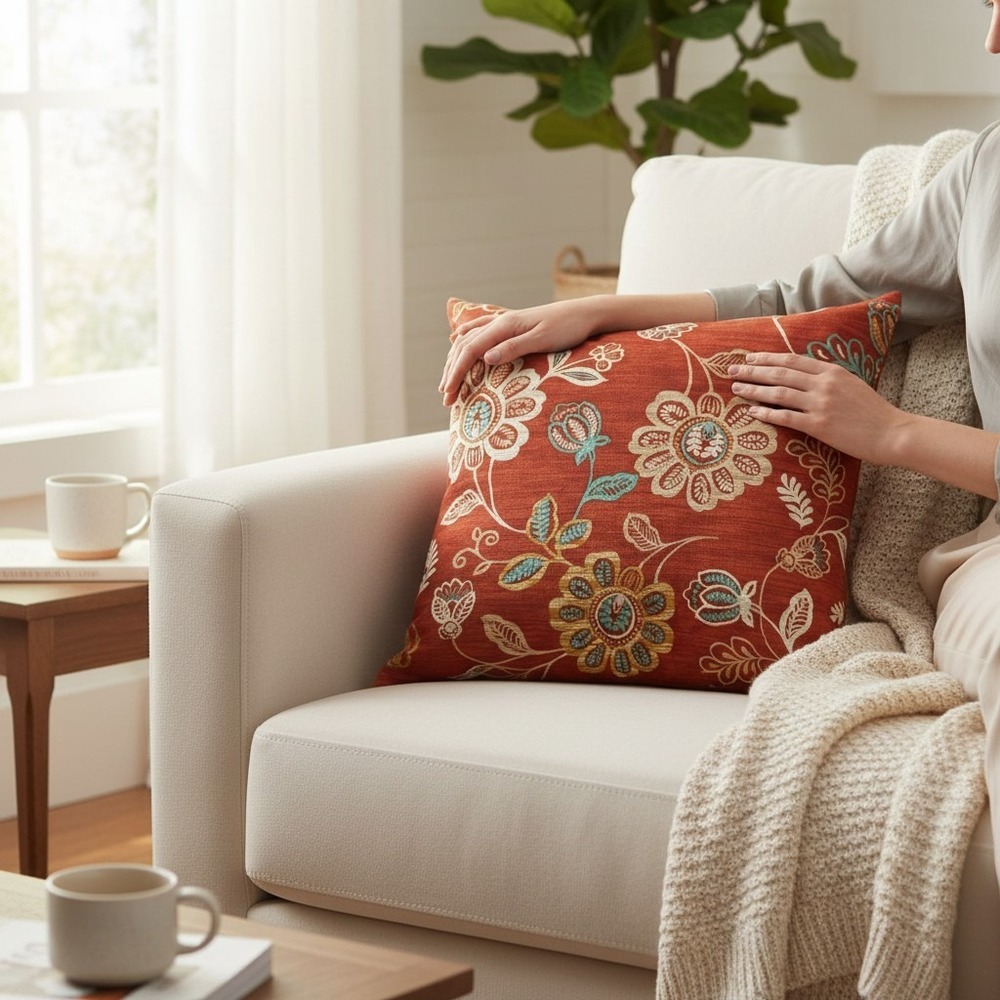 Brentwood Originals Floral Throw Pillow Home 14in Red Brand New Jacquard Boho